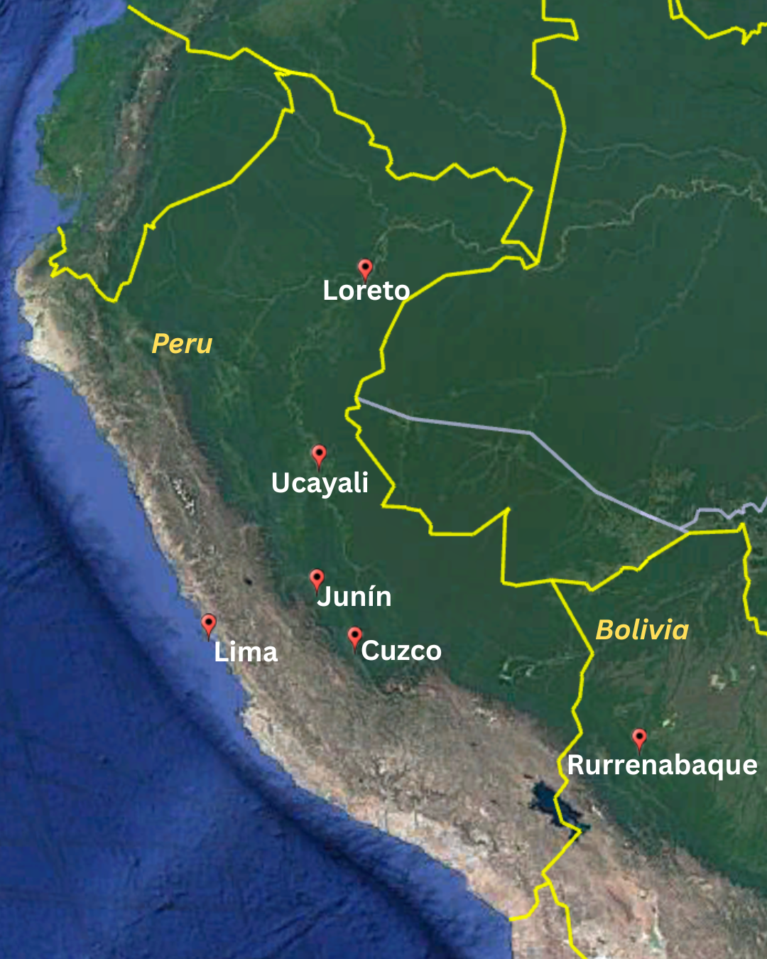 Map of ARI presence: Loreto, Ucayali, Junín, Cuzco and Lima in Peru, and Rurrenabaque in Bolivia.